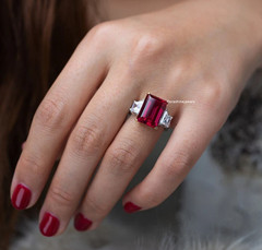 Features Bloody Red Emerald Cut Ruby & Lab-Created Diamonds Three Stone Ring FN