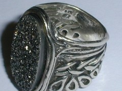 PZ- OR PAZ ISRAEL BOLD STERLING SILVER GRAY DRUZY RING W/ INTRICATE BAND- SZ 5.5