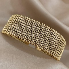 Vintage Weave Gold Cuff Bracelet Women Stainless Steel Chunky Bangle Waterproof