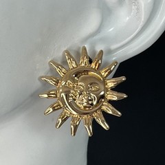 Gold Tone Celestial Sun Moon Necklace Earrings Set Pierced Choker Retro