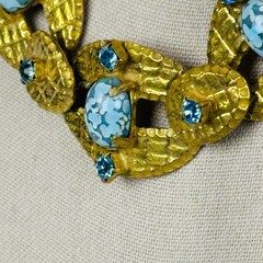 Vintage Czech Brass Blue Confetti Soapstone Cabochon Art Deco Revival Necklace