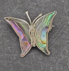 Vintage Abalone butterfly pin silver tone unmarked 3/4″ Made in Mexico