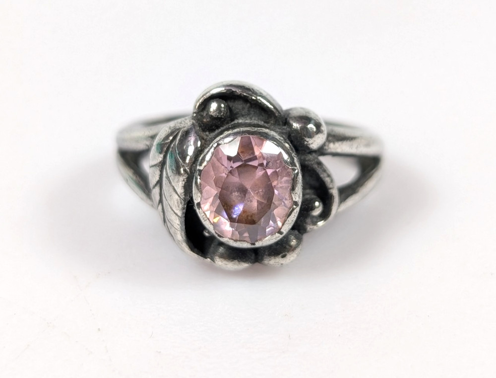 Vtg Sterling Silver 925 Art Nouveau Style Pink Solitaire Stone Ring Size 5.25