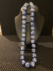 Vintage Chinese Export Blue White Large Porcelain Beaded Necklace Filigree Clasp