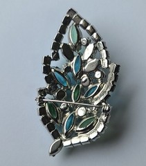 VTG MCM Aque Blue & Lime Green Rhinestone Leaf Brooch Pin (Some AB Finish)