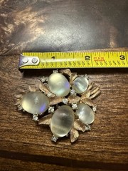 Vintage Joseph Mazer Jomaz Golden Ridged Moonstone Cabochon & Rhinestone Brooch