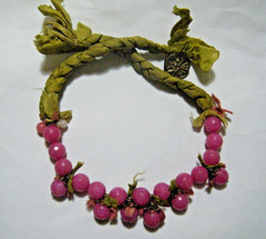 Unique Vintage Handmade Faceted Fuchsia Quartz & Avocado Braided Silk Necklace