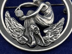 art nouveau style sterling silver pin woman and bird 1 5/8” diaameter