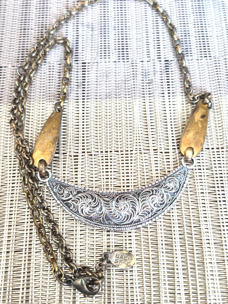 Vintage Marjorie Baer SF Sterling Silver Mixed Metal Curved Bar Pendant Necklace