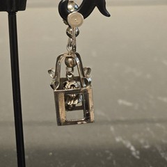 Vintage Silver Tone Lantern Cage Dangle Screw Back Earrings Bell Charm Figural