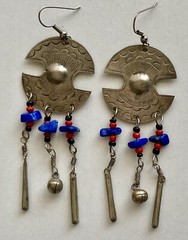 Vintage Lapis Silver Tone Dangling Earrings Large 3.5in Red Black Beads 9.84g