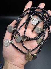 Vintage Black Beaded Coin Necklace, Tribal Boho Necklace, Ethnic Coin Charm