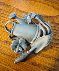 Signed AJC Gardener Brooch Watering Can & Shovel Pewter Tone Figural Pin Vintage