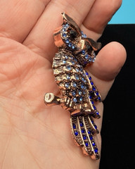 Multi Color Blue Rhinestones Owl Rose Gold Tone Metal Brooch Pin 2.75″