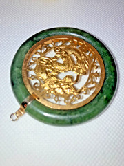 Vintage 53mm Round Dark Green Jade Pendant With Gold Dragon & Artistic Scrolls