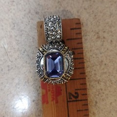 Emerald Cut Purple Glass Stone Pendant Silver tone Gold Accent Pearl Enhancer