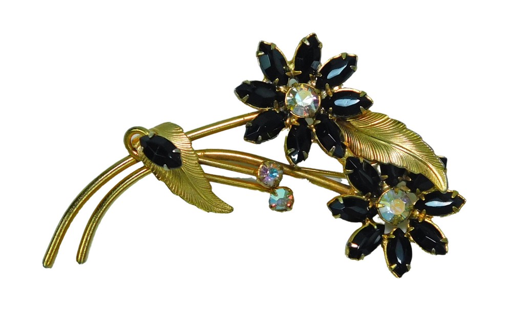Vintage Jet & AB Rhinstone Flower Brooch