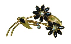 Vintage Jet & AB Rhinstone Flower Brooch