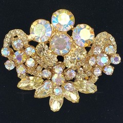 Vintage Rhinestone Brooch Aurora Borealis Yellow Marquise Gold Tone Fan Shape
