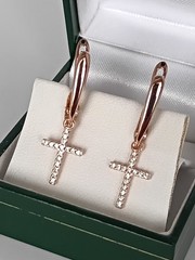 Vintage 1990-s 14 Ct Rolled Gold Long Cross Zircons Earrings-Hallmarked 585 RG