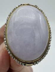 VINTAGE ANTIQUE 14K YELLOW GOLD GENUINE LAVENDER JADE SEED PEARL RING SZ. 6 3/4