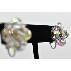 Vintage Clip On Crystal Earrings Watermelon Aurora Borealis Chrome 1950s BinBK