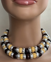 CADORO Buttermilk Bakelite Necklace Chunky Modernist Style Metal Wood Beads 40”