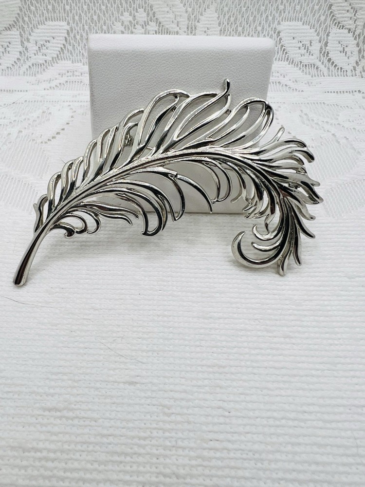 Vintage Feather Brooch Silver Tone HUGE Statement Modernist Couture