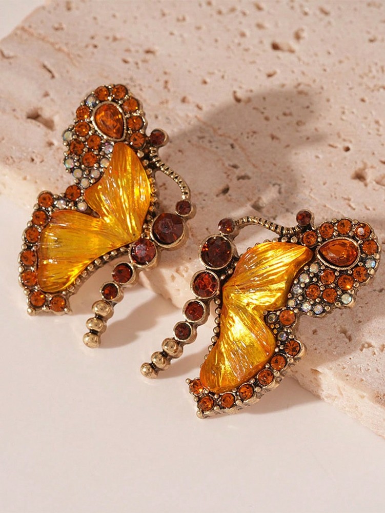 Vintage Butterfly Earrings With Amber Glass Beads Gold Plated Zinc Alloy