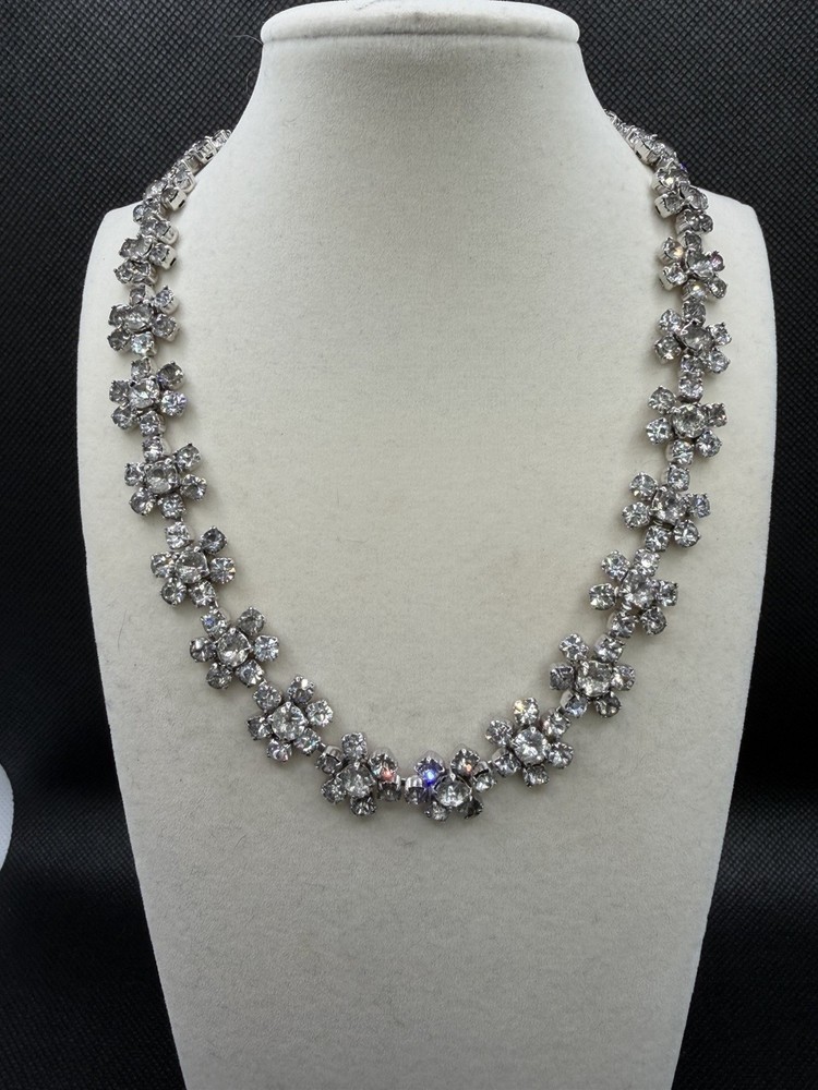 Vtg. Kramer Rhinestone Choker Floral Necklace Mid-Century Hollywood Regency
