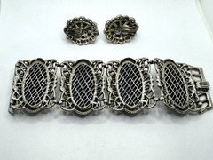 Vintage SELRO SELINI Blue Gold Confetti Lucite Silver Panel Bracelet & Earrings