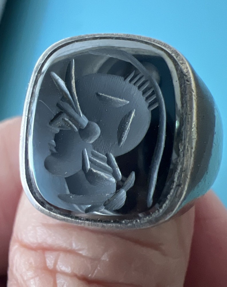 Vintage Clark & Coombs Sterling Silver Hematite Intaglio Signet Ring Sz 8, 7.3GM