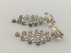 Vintage Earrings Silver Tone Clear Rhinestone Chandelier Dangle Drop Clip On 1.5