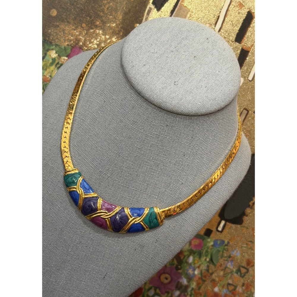 Vintage Enamel Jewel Tone Collar Necklace Womens Gold Tone Herringbone 16″