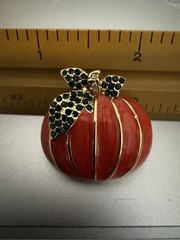 Gold Tone Orange Enamel Green Rhinestones Pumpkin Brooch Pin