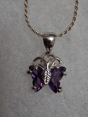 18K GP butterfly pendant necklace, purple stones, prong set, 18″
