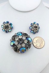 Vintage WEISS Brooch Earrings SET AB Rhinestone Smoky Gray & Aurora Borealis