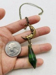 Vintage Art Nouveau Style Bronze Crescent Moon Goddess Green Drop-down Necklace