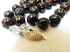 VINTAGE NATURAL CARVED GARNET BEAD NECKLACE, STERLING SILVER CLASP