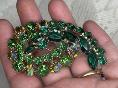 Vintage Brooch Green Marquise and Aurora Borealis Rhinestones AB Prong Set