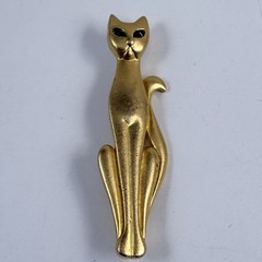 Vintage AJC Green Eyed Cat Brooch Matte Gold Tone Pin