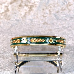Vintage Hermes Enamel Bangle Bracelet Green Enamel Hibiscus Gold Rim 65 w/Case