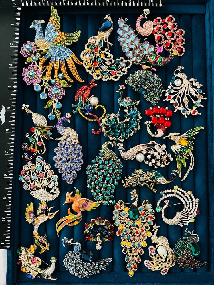 Lot of 25 Peacock Brooches Rhinestone Enamel Crystal Bird Pins Jewelry