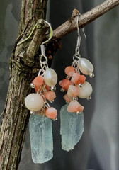Aquamarine natural coral earrings with pearls