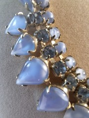 Vintage Clouded Blue Glass & Rhinestone Tear Drop Choker Necklace 15″