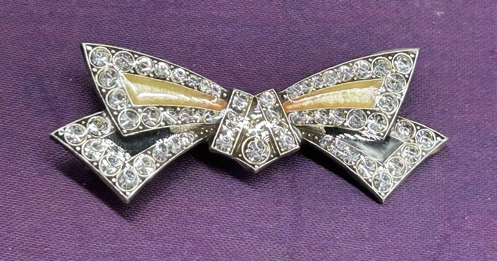 Art Deco Bow Silvertone Clear Rhinestones Enamel Antique Trombone Clasp Brooch