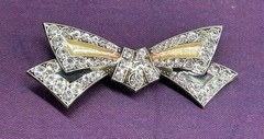Art Deco Bow Silvertone Clear Rhinestones Enamel Antique Trombone Clasp Brooch