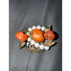 Vintage Orange Fruit Faux Pearl Filigree Brooch Pin Mid Century Costume