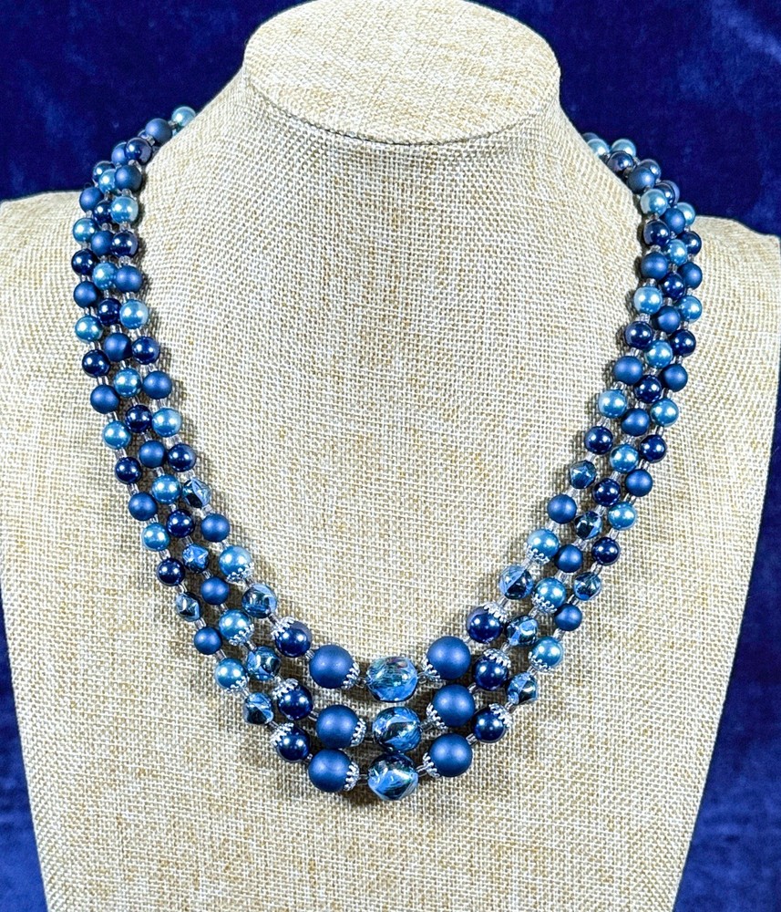 Vintage Japanese Aqua Blue Pearl Necklace (Faux ) Multi Strand Statement Jewelry