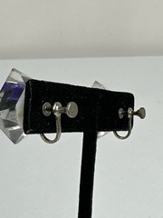 Beautiful Diamond Shaped Purple Flower Reverse Carved Lucite Screw Back Earrings
